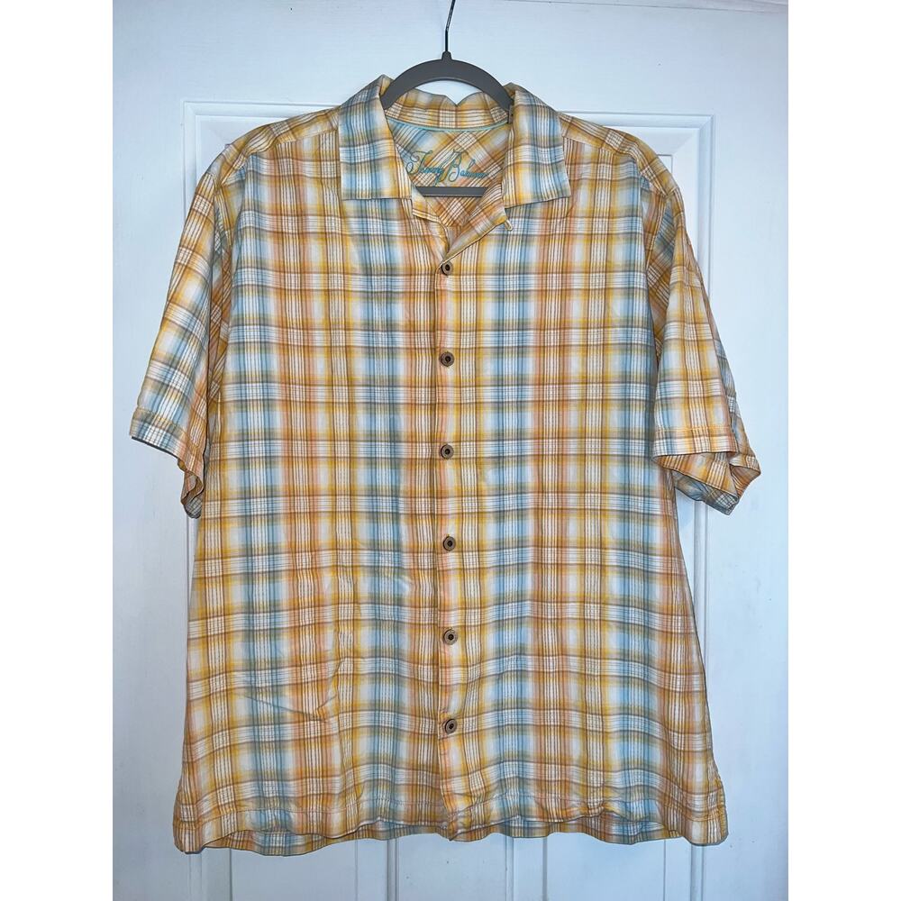 Vintage Tommy Bahama Blue Shadow Plaid Hawaiian Loop Collar Shirt - size L